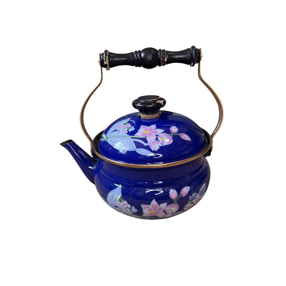 Vtg Gailstyn-Sutton Jardine Porcelein Enamel Teapot Kettle Lilies Wood Handle 81
